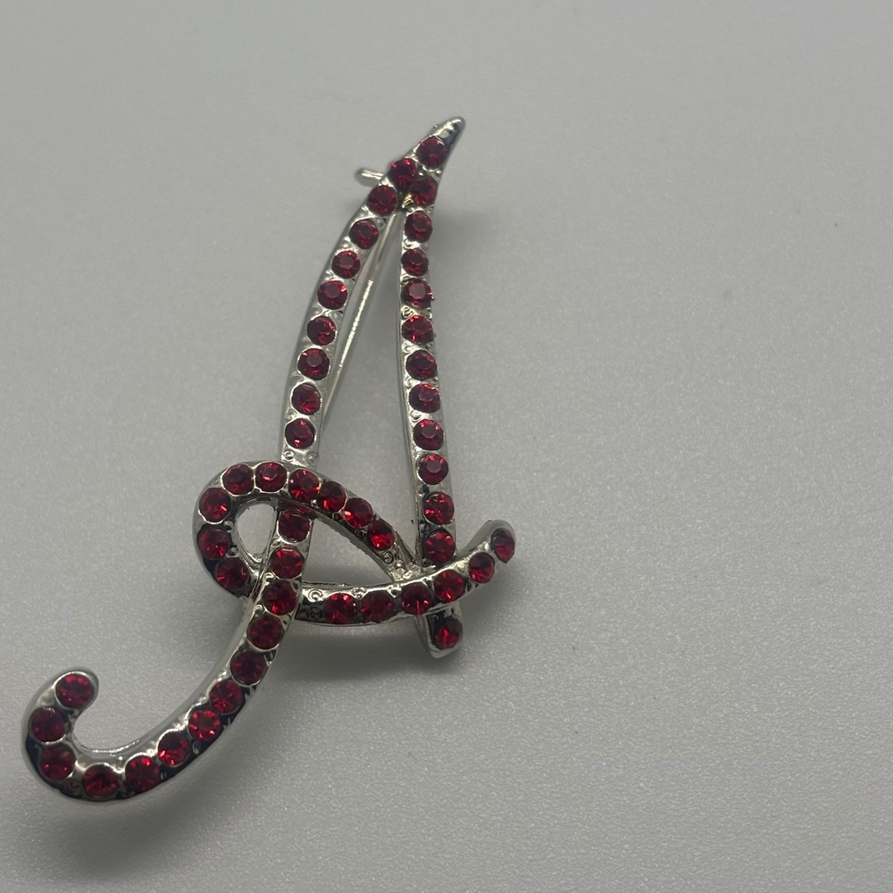 Initial A Brooch Silver Tone Red Rhinestone Cursive Letter Pin